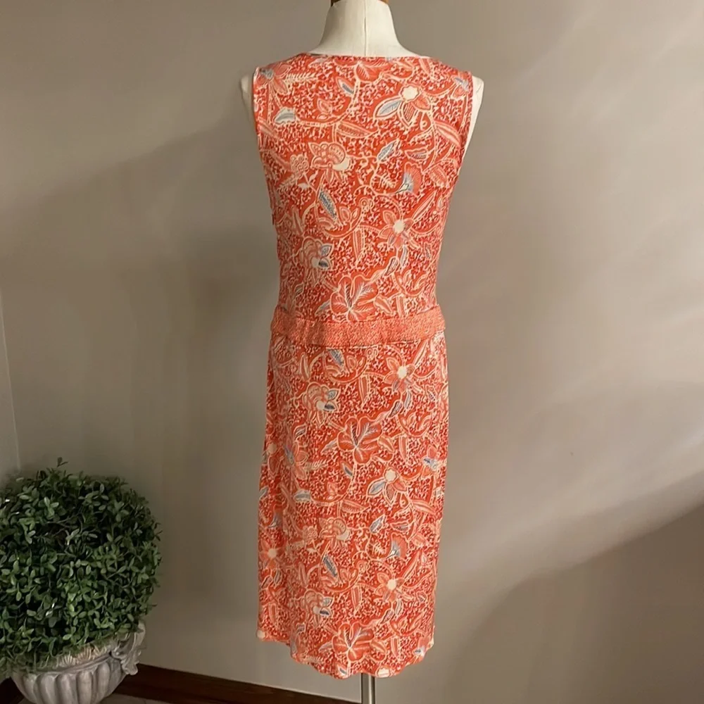 TORY BURCH orange floral stretchy SILK KNIT DRESS. Sleeveless zippered side Med